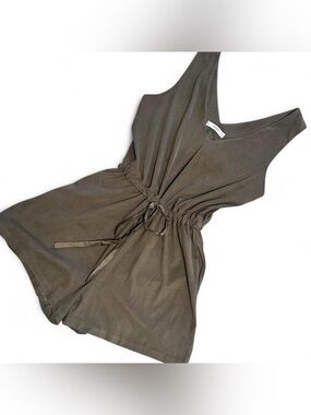 Mango khaki faux suede sleeveless romper with satin ribbon cinch tie waist